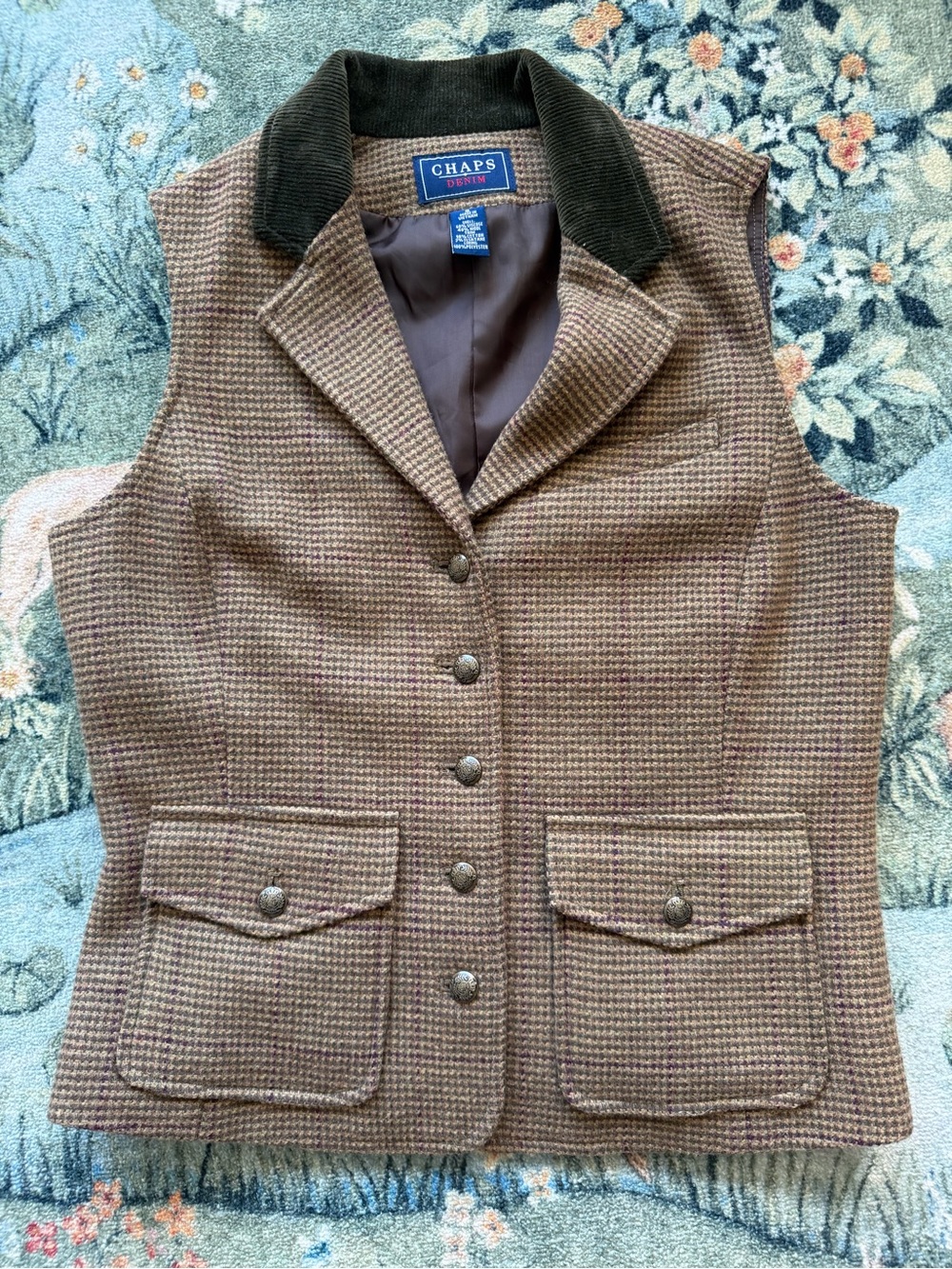 Vintage Chaps Denim Wool Plaid Button Up Vest with Corduroy Collar Size Small